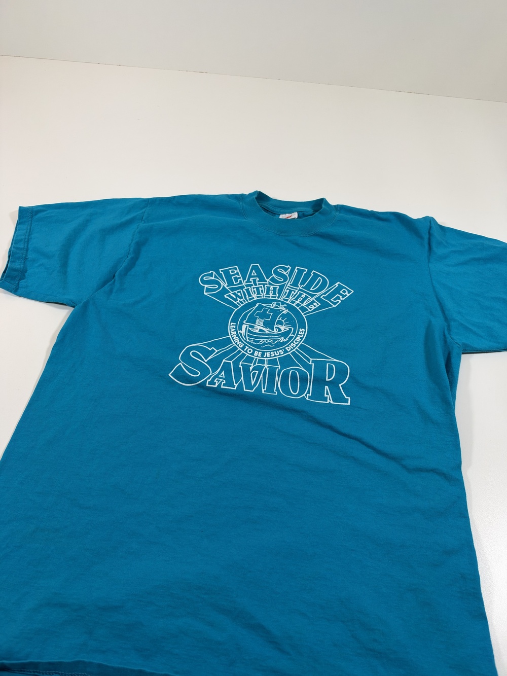 VTG Jerzees Shirt Mens Large Blue Seaside With The Savior Jesus Graphic Tee USA